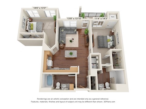 Floor plan for 2 beds, 2 baths, 1090 sqft